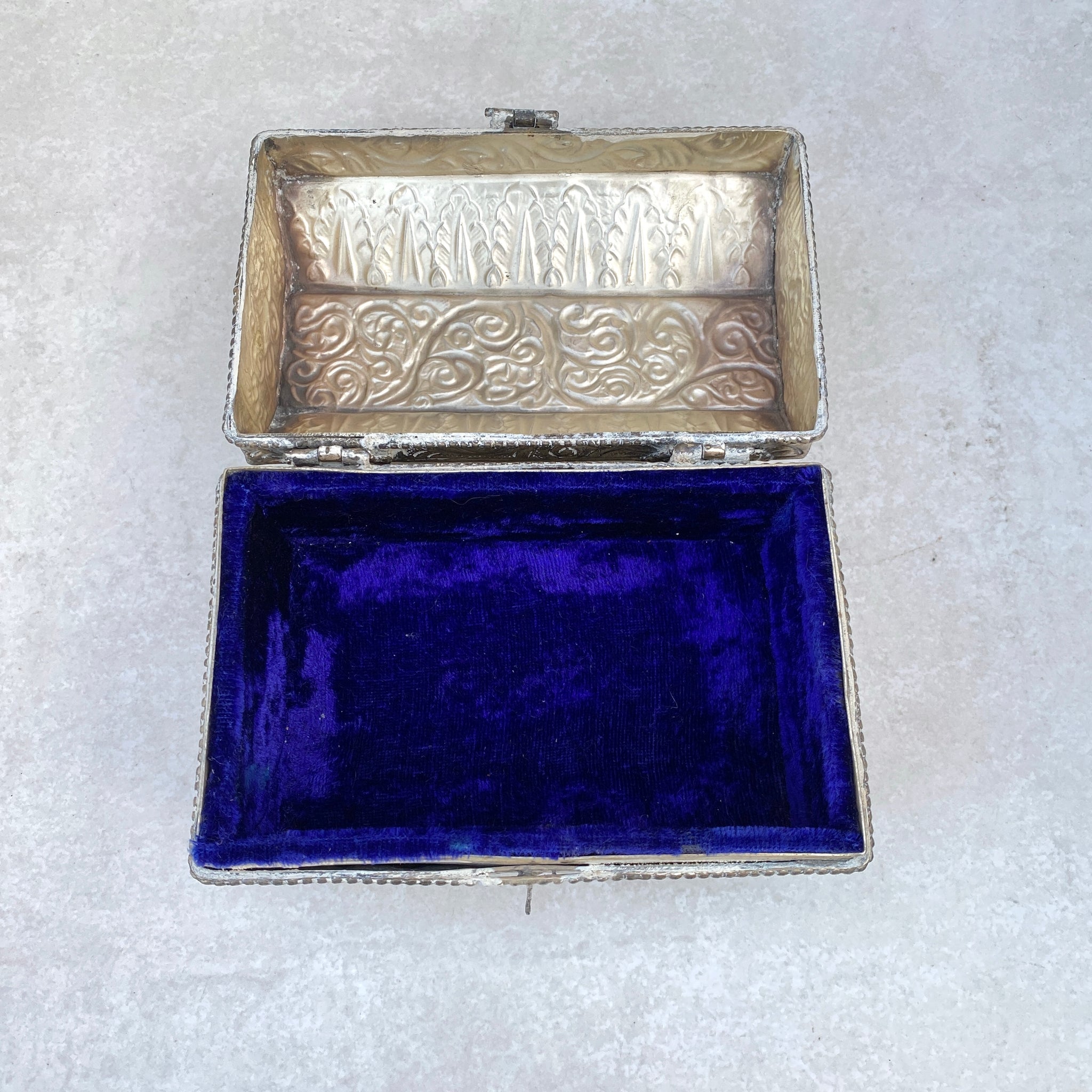 Vintage Silver Metal Stash Trinket Box with Velvet Lining