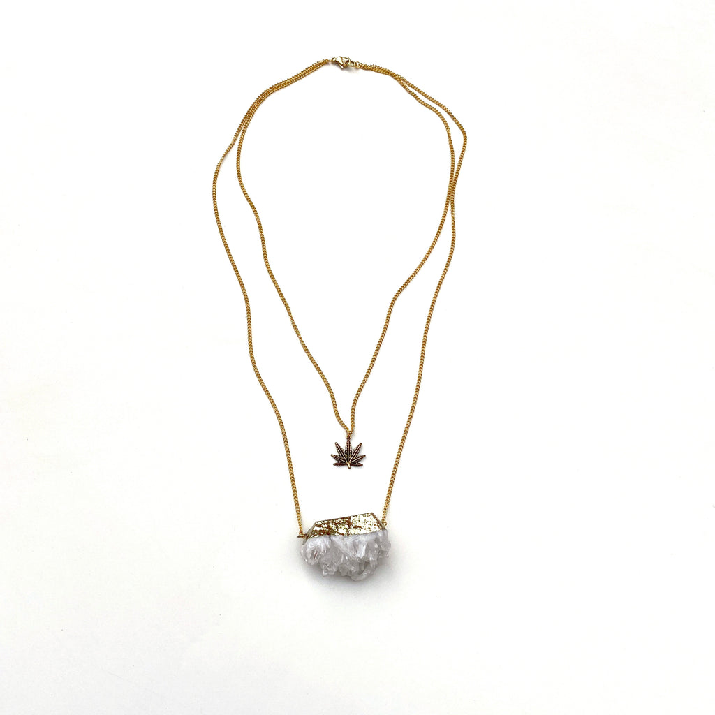 Crystal Layered Weed Leaf Necklace - Gold