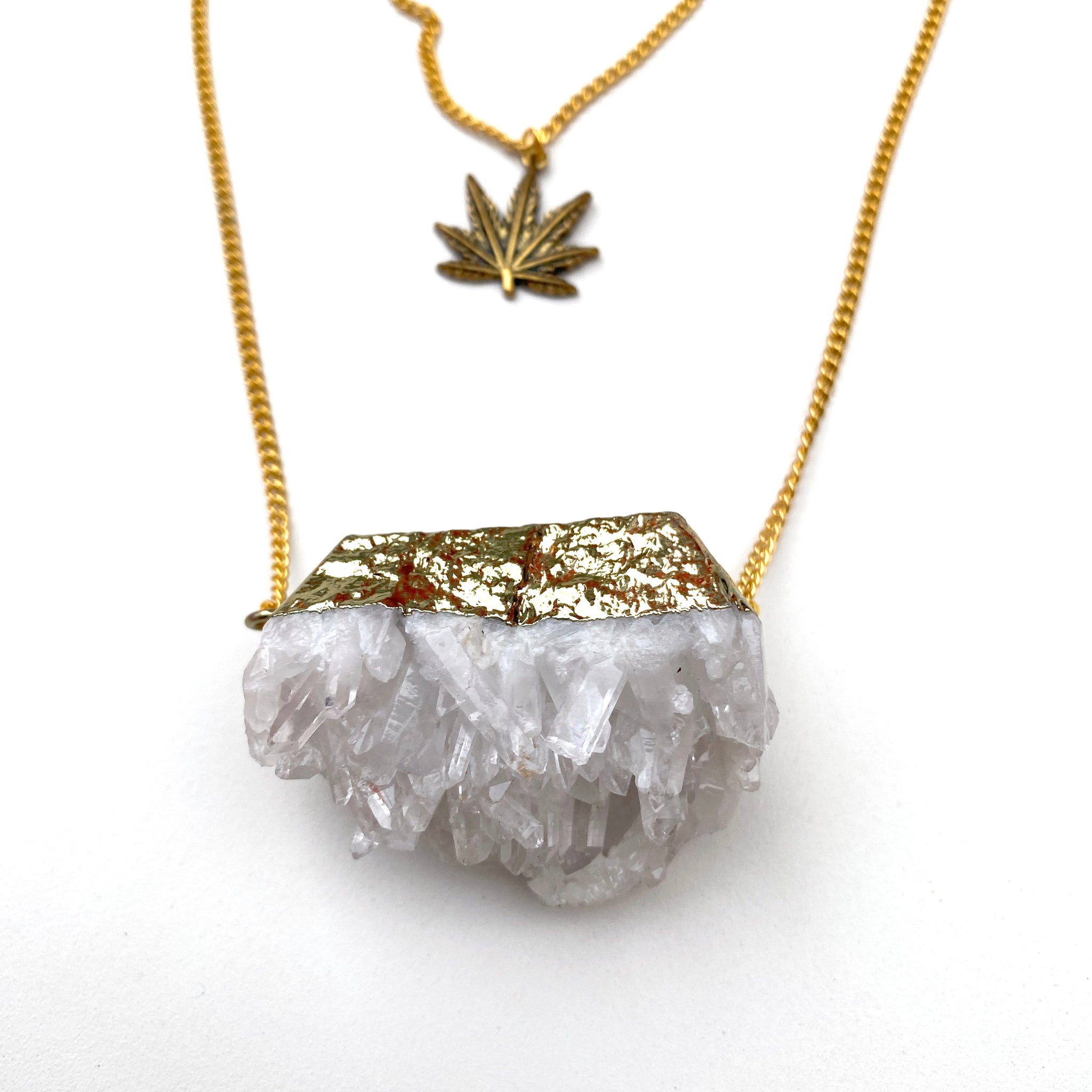 Crystal Layered Weed Leaf Necklace - Gold