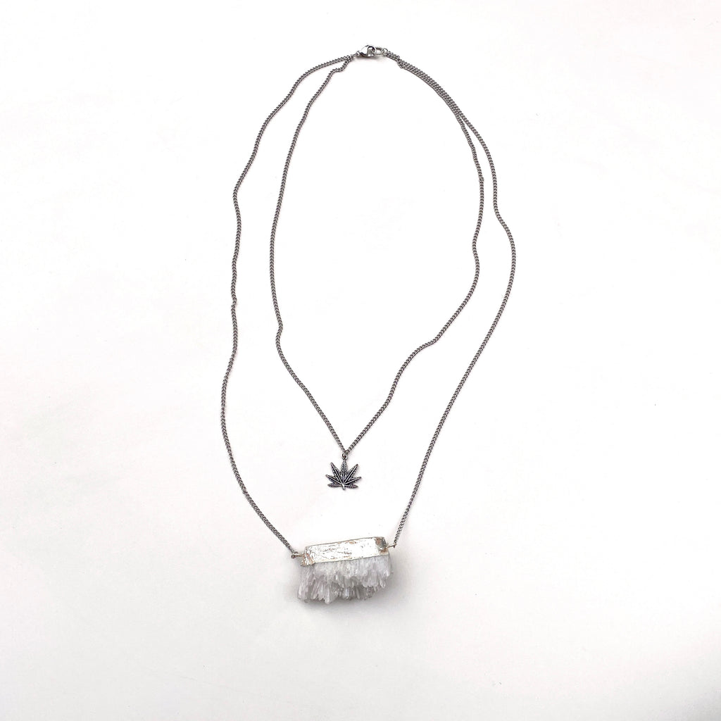 Crystal Layered Weed Leaf Necklace - Silver