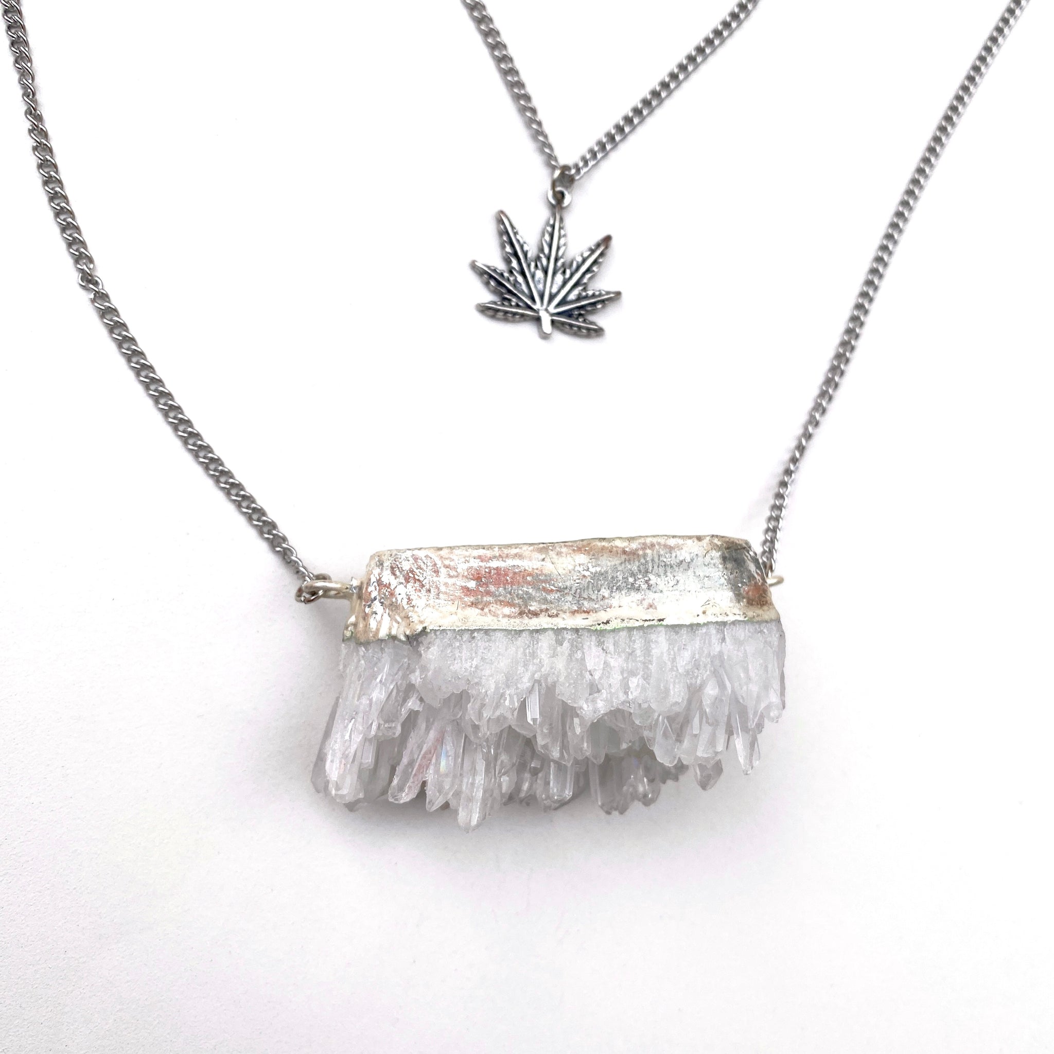 Crystal Layered Weed Leaf Necklace - Silver