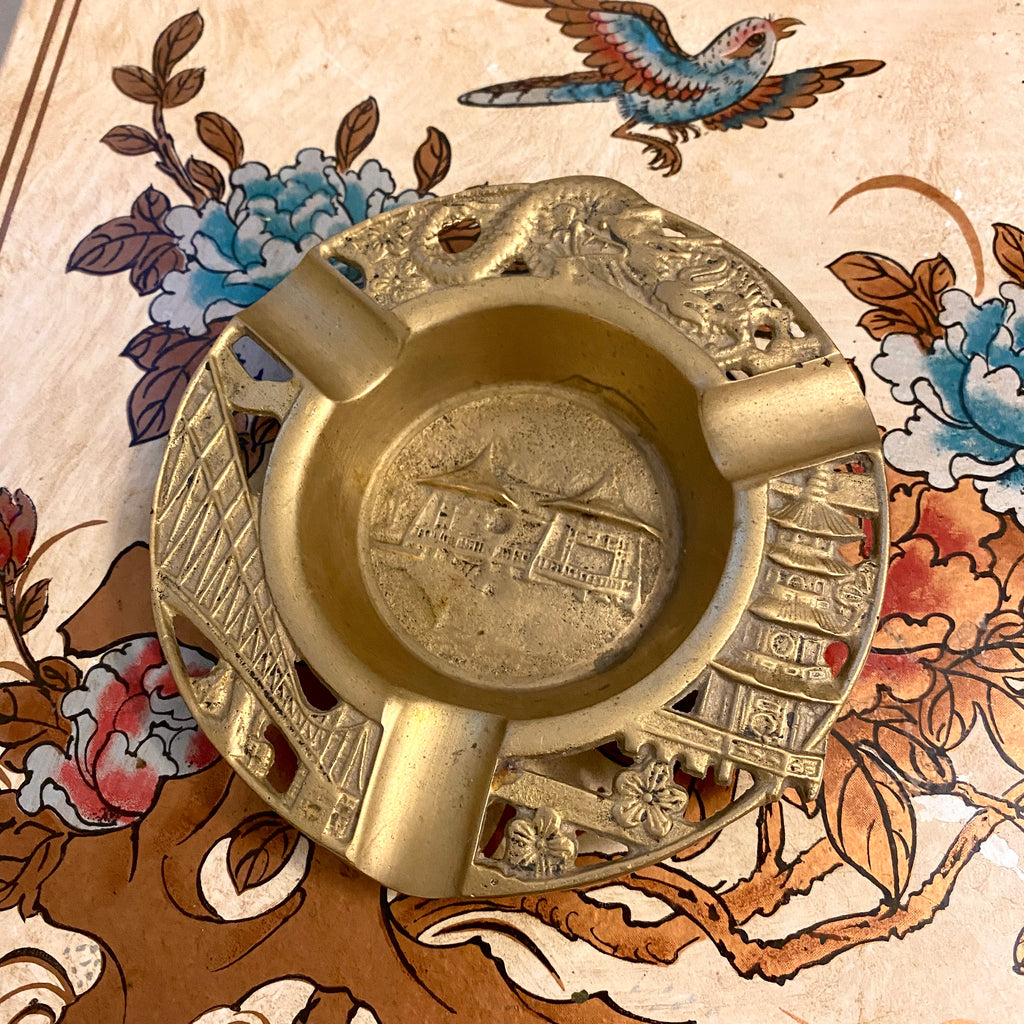 Chinese Dragon and Architecture Brass Ashtray